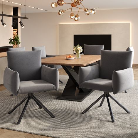 Lot de 6 fauteuils, en velours, gris, pour salon et salle à manger, chambre et bureau, pivotants 360°, soutien lombaire, 4 pieds métalliques