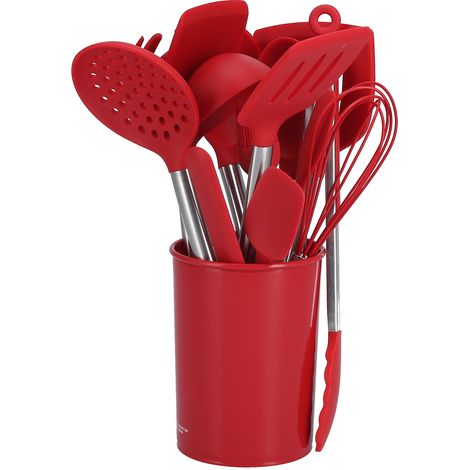 15-teiliges Silikon-Küchenhelfer-Set mit Edelstahlgriffen, Küchenspatel, Löffel, Kochutensilien, Rot (1/5)