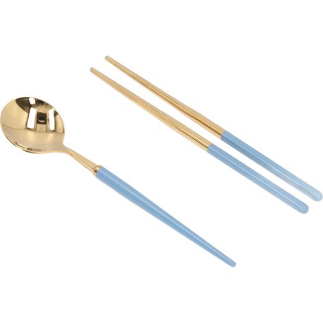 Couvert en acier inoxydable, ensemble réutilisable de couverts pour étudiants, boîte de rangement voyage, fourchette cuillère baguettes, bleu or (1/5)