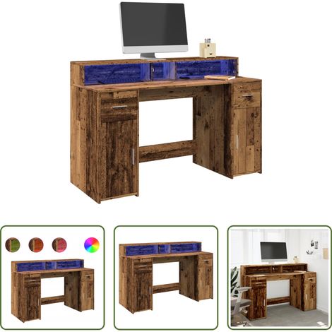 Rangement bureau - Bureau avec lumières LED vieux bois bois d'ingénierie (1/5)