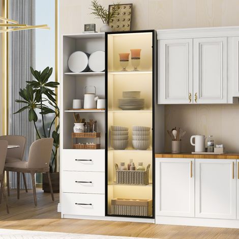 Vitrine LED 80x40x160 cm - Bibliothèque avec porte en verre trempé et LED, 3 tiroirs et 3 compartiments ouverts, cadre aluminium, LED multicolore, fermeture douce - Meuble de cuisine ou salon. (1/5)