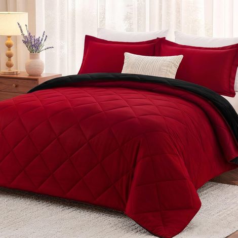 Parure de lit Douce pour très Grand lit, 3 pièces, 1 Couette (264,2 x 234,7 cm) et 2 taies d'oreiller (50,8 x 91,4 cm), Rouge et Noir (1/5)
