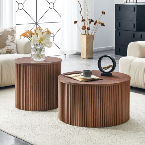 Set von 2 runden Beistelltischen, Holzlatten Beistelltisch, skandinavischer Stil, multifunktionale Couchtisch für Wohnzimmer - Walnussholz Korn Beistelltische