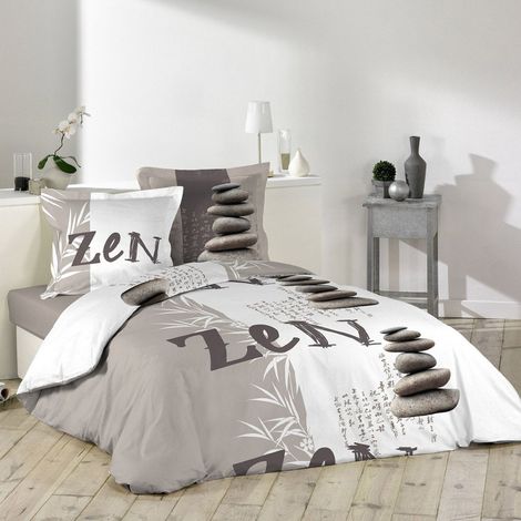 Housse de couette 240x220 + 2 taies Galets Zen coton 42 fils (1/4)