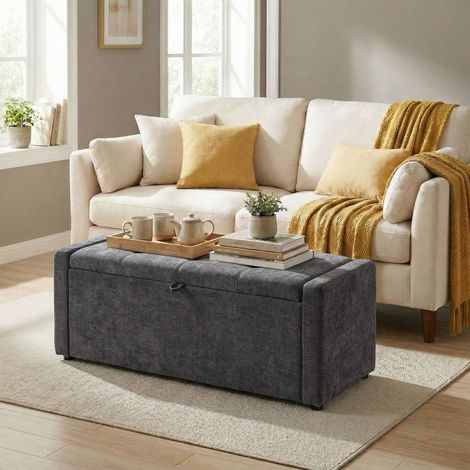 Panca contenitore, panca da comodino, poggiapiedi rivestito in lino con ampia seduta, 122 x 48 x 44 cm, grigio scuro