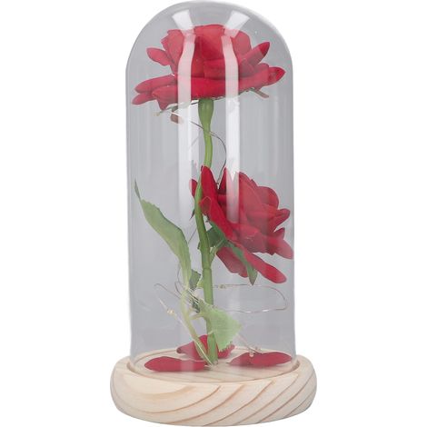 Décoration de fleurs artificielles en verre avec lumière LED et socle en bois pour la Saint-Valentin, 2 roses décoratives pour votre petite amie (1/5)