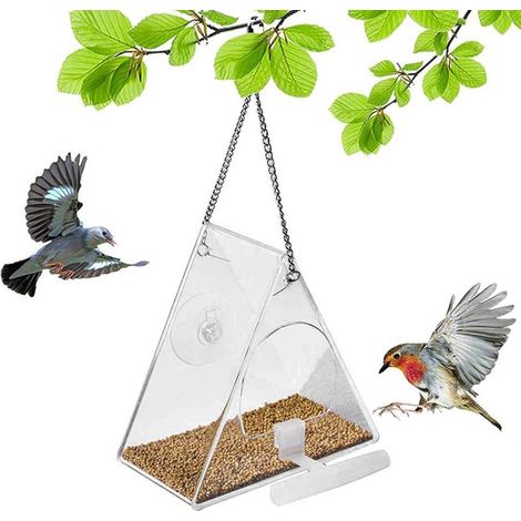 1 Mangeoire à oiseaux, Acrylique transparent, Plateau à graines, Étanche, Chaîne acier inoxydable, Jardin balcon (1/5)