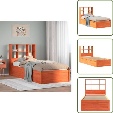Madera de pino - vidaXL Cama sin colchón madera maciza de pino marrón cera 100x200 cm - Cabecero con estantes