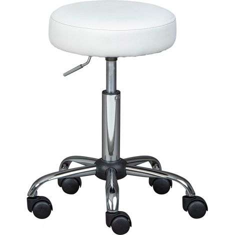 Tabouret à roulettes 33x33x50/66 cm en PU blanc et métal (1/5)