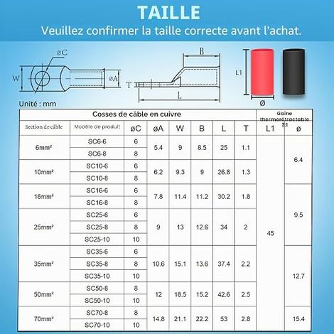 cosses de câble tubulaires 70 mm² - Diamètre du trou M8 - Cosses à anneau en cuivre épais non isolées SC avec gaines thermorétractables 3:1 (1/4)