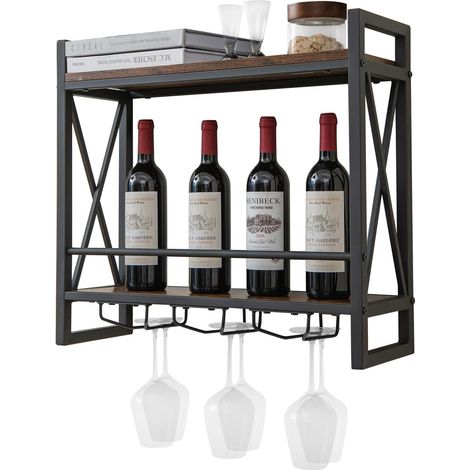 COSTWAY Estante de Vino Industrial de Pared, Estante de Almacenamiento de Vino de Pared de 2 Niveles con 3 Portavasos para Copas, Soporte de Botellas de Vino Colgante de Metal para Bar Cocina