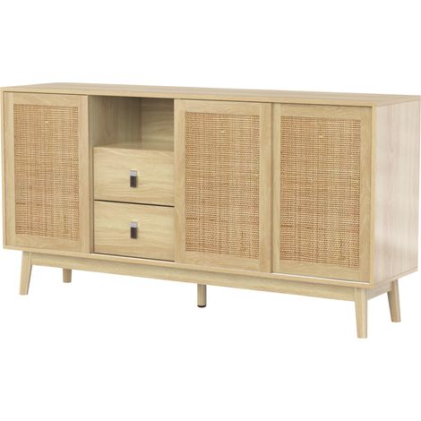 Credenza con 3 ante scorrevoli in rattan naturale e 2 cassetti 155x38x80 cm legno HOMVRA (1/5)