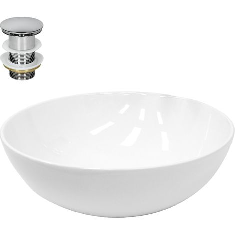 ECD Germany Vasque à Poser Lavabo Salle de Bain - Ø 400x147 mm - en Céramique - Rond - Blanc - avec Kit de Vidange - Vasque Évier Lave-Main Toilette - avec Kit de Vidange sans Trop-plein (1/5)