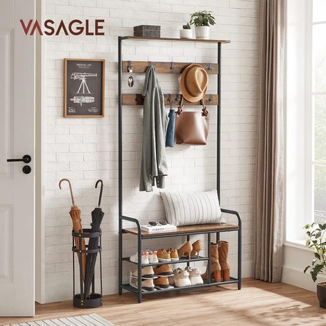 VASAGLE Perchero con Zapatero, Mueble Recibidor con 9 Ganchos Extraíbles, Banco, Estante, 30 x 85 x 180,5 cm, Pasillo Dormitorio Apartamento, Industrial, Marrón Rústico y Negro (1/5)