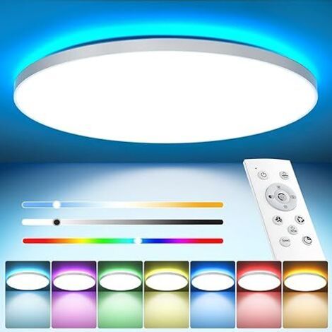 QORVA-Plafonnier LED à intensité variable avec télécommande, 24 W, RGB, couleur changeante, forme ronde plate, 3000 K - 6500 K, 2400 lm, idéal pour chambre, cuisine, salon, couloir, balcon, salle de b
