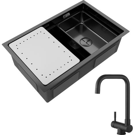 Cecipa Lavello Cucina 1 Vasca Antracite con Gocciolatoio e Vasca Lavello da Incasso 70×44×21CM + Miscelatore Cucina Pieghevole Nero Rubinetto Pieghevole Sotto Finestra (1/5)