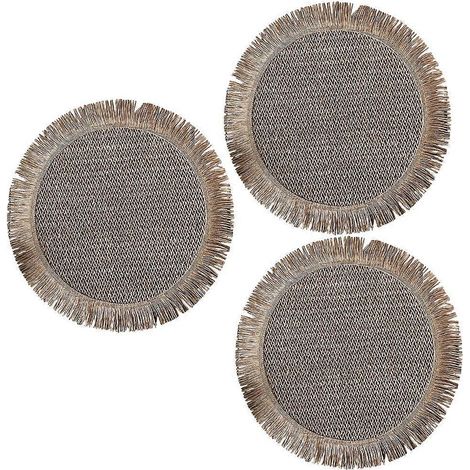 Ensemble de 3 sets de table ronds en papier tissé à la main avec bordure à pompons, antidérapants, marron (1/5)
