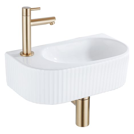 QeramiQ Fuente Ensemble de lavabo - 40x21.5x12cm - gauche - nervuré - demi-rond - 1 trou de robinet - céramique - robinet de lave-mains en laiton (1/5)