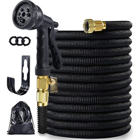 Tuyau D'arrosage Extensible Tuyau d'eau Flexible et Léger avec Buse de Pulvérisation À 8 Fonctions Tissu Extra Résistant Tuyau d'eau Étanche sans Torsion,Noir,25FT (1/5)