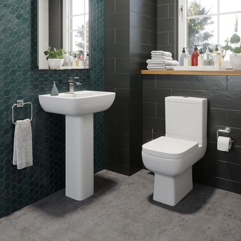 Modern Cloakroom Bathroom Suite Close Coupled Toilet + Full Pedestal Basin Set (1/7)