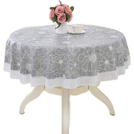 Round PVC Oilcloth Tablecloth with Floral and Lace Pattern, Stain-Resistant and Waterproof Round Tablecloth for Dining Room, Garden, Cafe, Party (Grey, 220cm) (1/5)