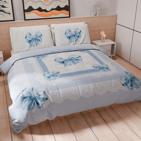 Housse de Couette 2 Places 250x200 cm 2 Taies 50x80 cm Incluses, Parure en Microfibre Imprimée Nœud Bleu Ciel (1/5)