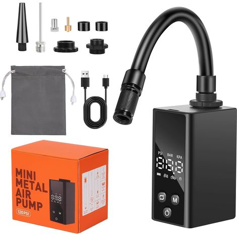 Mini-Luftpumpe, 120 PSI Mini-Akku-Autoreifenfüller, tragbarer Luftkompressor mit LED-Anzeige, Schrader- und Presta-Ventilen für Fahrrad, Motorrad, Ball (Schwarz)