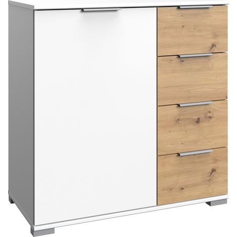 Commode meuble de rangement coloris blanc/imitation chêne artisan - Longueur 81 x Hauteur 90 x Profondeur 41 cm -PEGANE- (1/4)