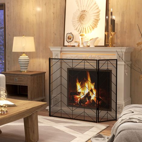 Protector de chimenea, protector de chimenea plegable con 3 paneles, protector de estufa, protector contra chispas para sala de estar, acero, 135 x 85 cm, negro (1/5)