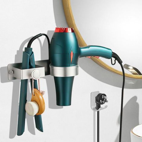 Wandmontierter Haartrocknerhalter, Halterung für Haartrockner und Glätteisen für Badezimmer/Schlafzimmer/Hotel, Haartrocknerhalter mit Haken-/Klebe-/Schraubbefestigung, kein Bohren erforderlich, silbe (1/4)