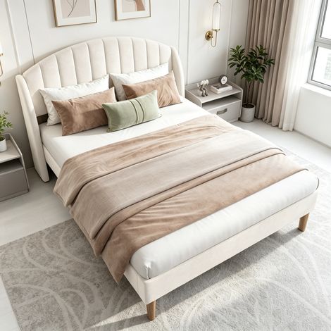 Lit Adulte 140x190 cm avec Sommier, Lit Cadre Double en Velours avec Tête de Lit à Lattes en Bois Massif, Lit Capitonné 2 Personnes pour Adultes, Beige (1/5)