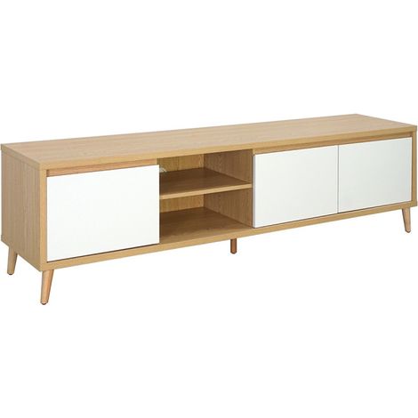 Meuble TV 180 cm 3 portes 2 niches Pier blanc crème / effet bois (1/4)