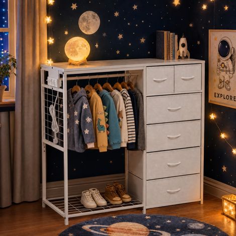 Armario infantil con 6 cajones, barra para ropa y enchufe - Perchero multifuncional para habitaciones infantiles, Blanco (1/5)