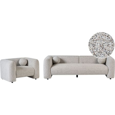 4 Seater Living Room Set Beige Textured Fabric Sofa Armchair with Extra Throw Cushions Retro Glam Art Decor Style LEIREN