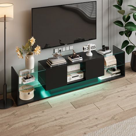 Meuble TV, 200x35x45cm, Armoire TV, Rangement Tiroir, Étagère, LED réglable, Design Moderne, pour Salon et Chambre, Noir (1/5)