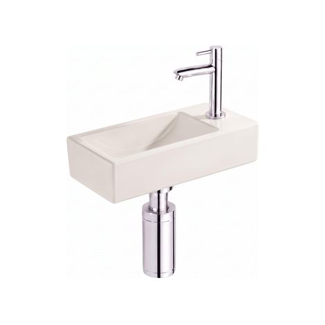 Saniclass Fuente Fontaine set - 40x22x10cm - solid surface blanc cassé - bonde - robinet de lavabo - siphon - chrome (1/5)