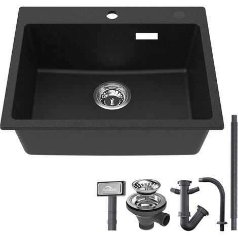 Fregadero de Cocina de Granito y Resina 55 x 45 cm Fregaderos Sobrepuesto de una cubeta con Desagüe y Sifón, Fregadero Cocina Sobre Encimera, Antracita