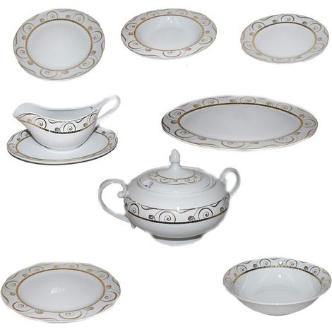 Servizio piatti in porcellana bianca filo oro tazze tè tazzine caffè caffettiera teiera lattiera zuccheriera da portata zuppiera - Set tavola porcellana: Set 18 piatti per 6 post. tav.