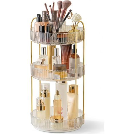 Cosmetic Organizer: 360° Rotating Makeup Organizer, 3 Tiers, Large Capacity, Round Brush Holder, for Dressing Table, Bedroom (Clear-A) (1/5)