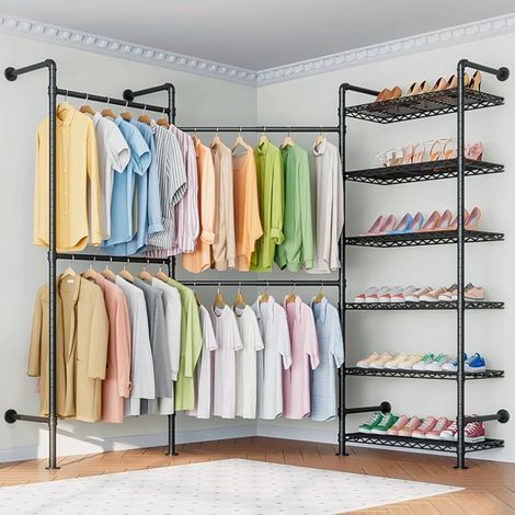 Telescope Clothes Rack System, Industrial Wall Coat Rack with Adjustable Shelf, Metal Clothes Rail, Wall Hanging Rail Pipe Bar (Black) (1/5)