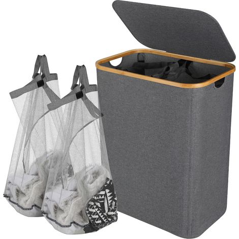 Jiubiaz Cesto para ropa sucia con tapa, 145L Gris Cesto para ropa sucia - 2 bolsas extraíbles para ropa sucia (Para uso en baños y hogares)