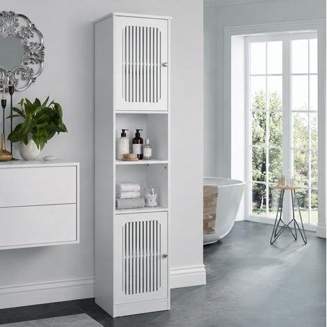 Mueble alto de baño blanco de 163 cm en MDF y aglomerado con puertas de lamas y baldas regulables (1/5)