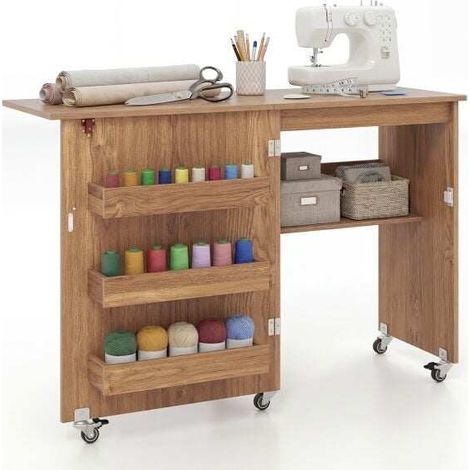 Table de couture pliable finition bois naturel avec rangement et 3 compartiments cachés, roulettes dont 2 avec frein pour atelier (1/5)