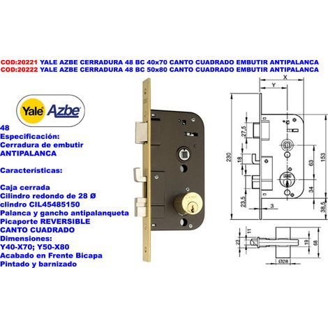 Serrure à mortaiser Yale Azbe 48 BC 40x70 avec carré anti-levier