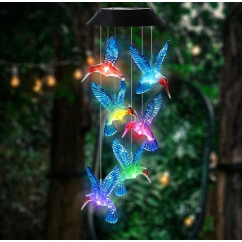 Carillons éoliens solaires en forme de colibri, lumières solaires à couleurs changeantes, carillons éoliens LED étanches, lampes solaires pour la décoration intérieure (1/5)