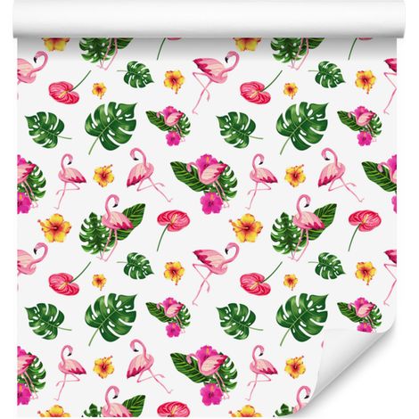Papier peint flamants roses blanc, rose poudré, vert et crème 50x1000 cm (1/5)