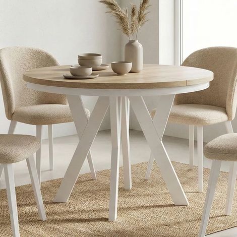 Table de salle à manger ronde extensible PERO avec cerclage métallique, style loft, scandinave, diamètre : 110 / 160 cm, Couleur :Sonoma / Blanc (1/5)