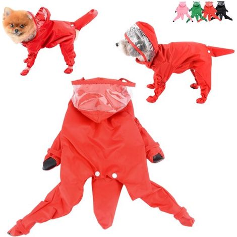 Imperméable pour chien - combinaison de pluie avec capuche et pattes pour petits chiens, rouge, taille M (1/5)