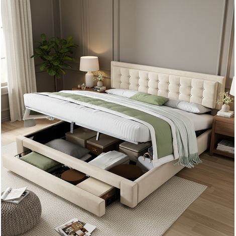 Polsterbett mit Stauraum aus beigem Samt 180 x 200 cm OKWISH (1/5)