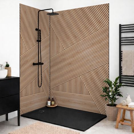 Lot de 2 panneaux de douche en aluminium (90x220 & 120x220 cm) effet bois + profilés noir - Ikigai Noir - Marron et noir